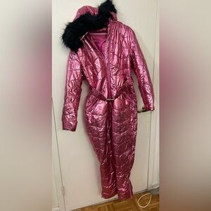 Metallic Pink Women's one piece Ski suit with Fur Trim- NWOT